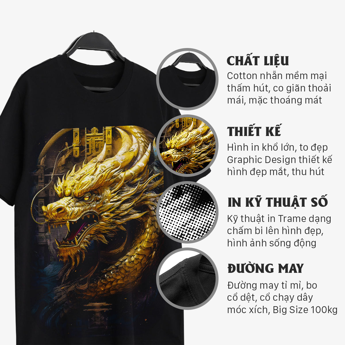 Áo thun nam cổ tròn tay ngắn TeeSett big size boy phố cotton màu đen in hình rồng vàng graphic design