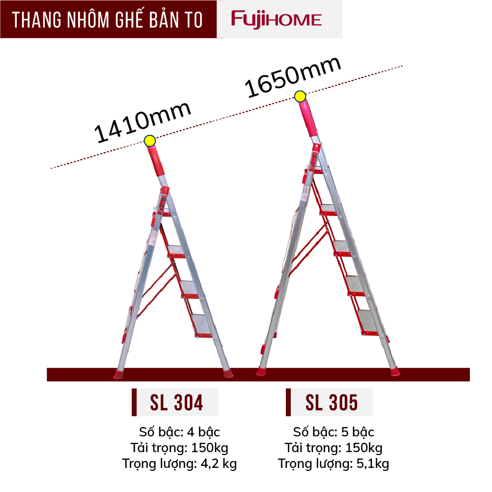 Thang ghế nhôm tay vịn chữ A bản to 5 bậc 1,65m xếp gọn Nhật Bản Fujihome chống trượt, Ghế thang gia đình chữ A đa năng rút gọn thắp hương 1m6 mét step stool ladder