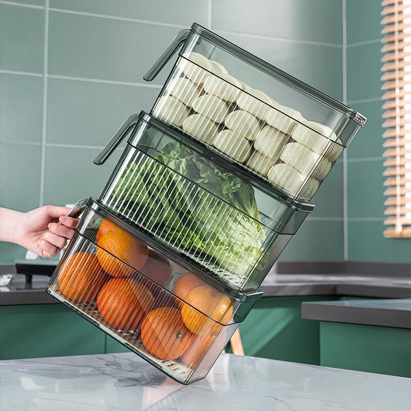 Hộp nhựa trong suốt đựng thực phẩm, rau củ quả tươi mát trong tủ lạnh có tay cầm, thiết kế thông minh kiểu mới với nắp có hẹn ngày giờ lưu trữ thực phẩm, thiết kế sang trọng, dễ dàng xếp lên nhau tiết kiệm diện tích