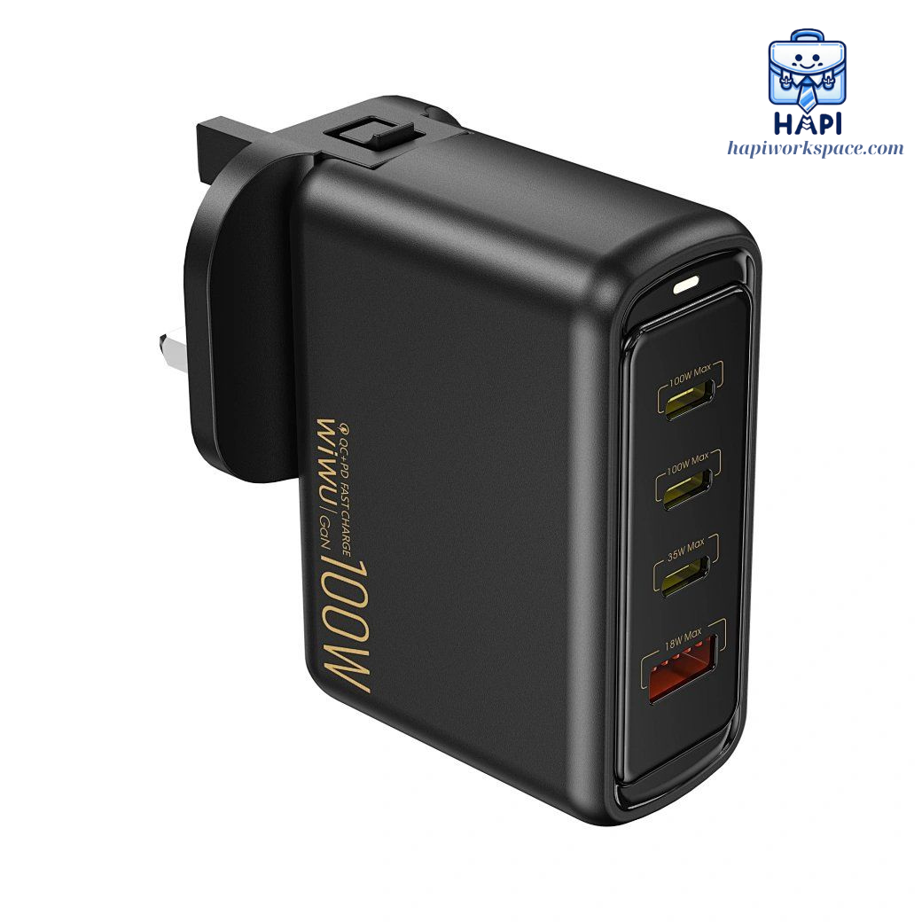 Củ sạc hàng chính hãng WiWU Warrior GaN 100W (3C1A) Wi-U022W: Sạc nhanh laptop, điện thoại, kèm đầu chuyển đa quốc gia