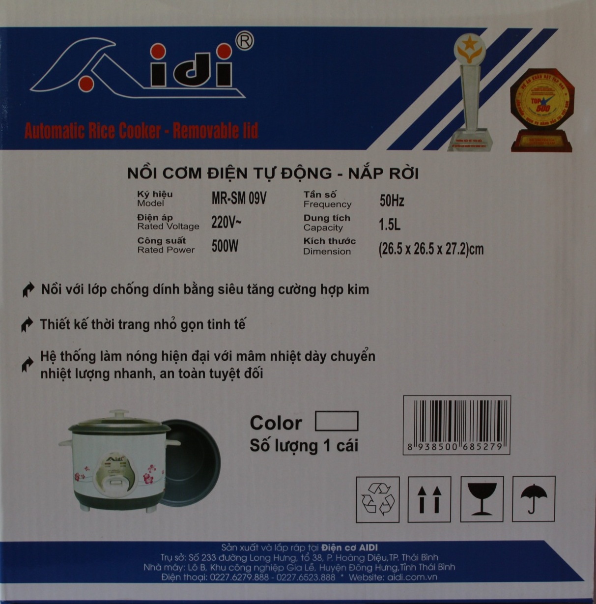 Nồi Cơm Điện Tự Động Nắp Rời Aidi MR-SM 09V (1,5 lít) - Màu Ngẫu Nhiên - Chính Hãng