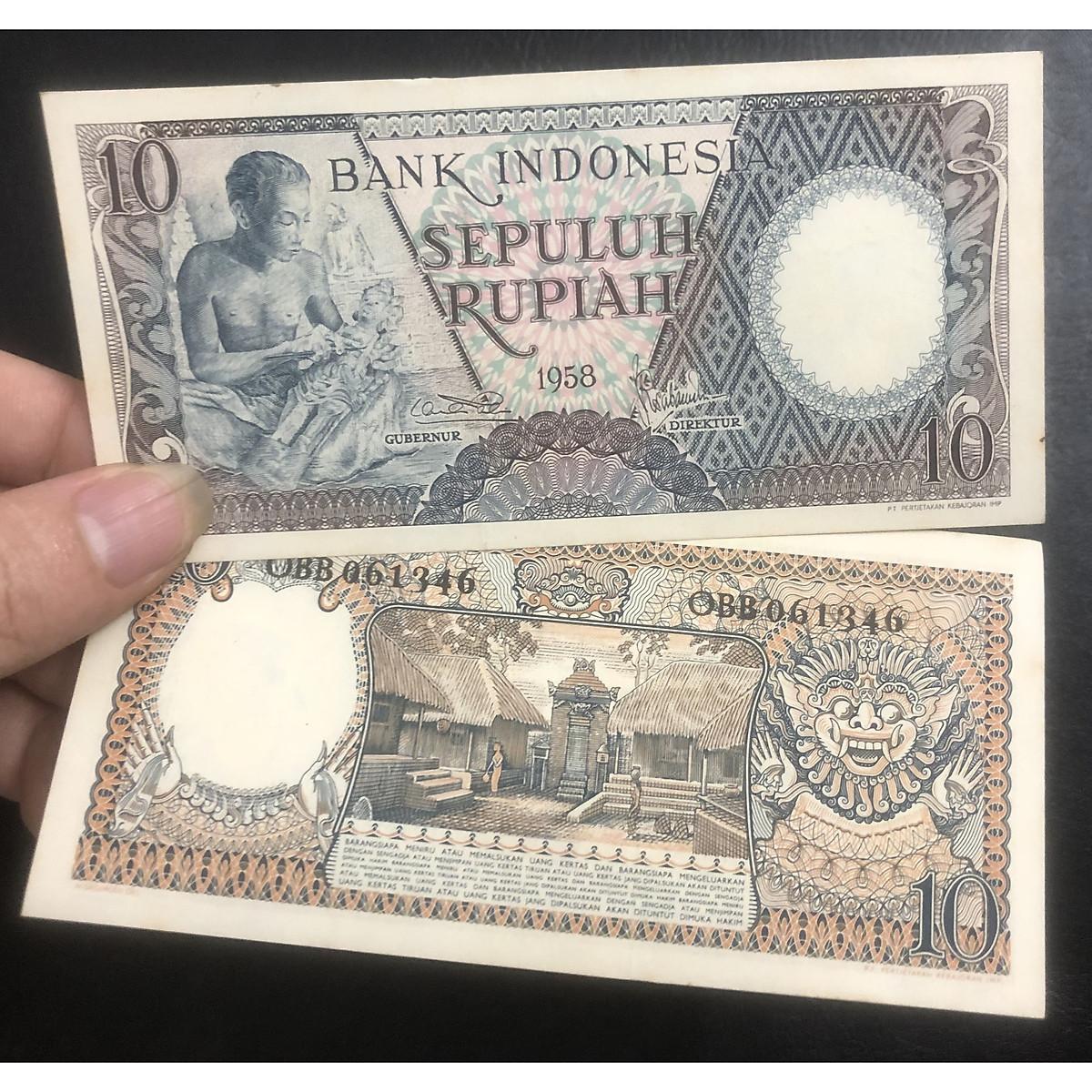 Tiền châu Á, 10 Rupiah Indonesia 1958, có phơi bảo quản sang trọng đi kèm