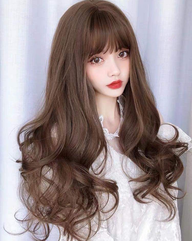 Tóc giả nữ nguyên đầu xoăn dài, tóc giả bộ cả đầu mái thưa có rãnh da đầu