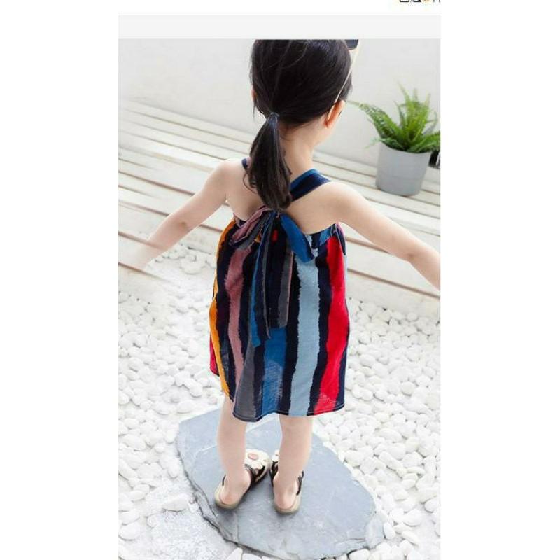 Đầm dây sọc đa sắc thắt nơ lưng cho bé gái (8-18 kg
