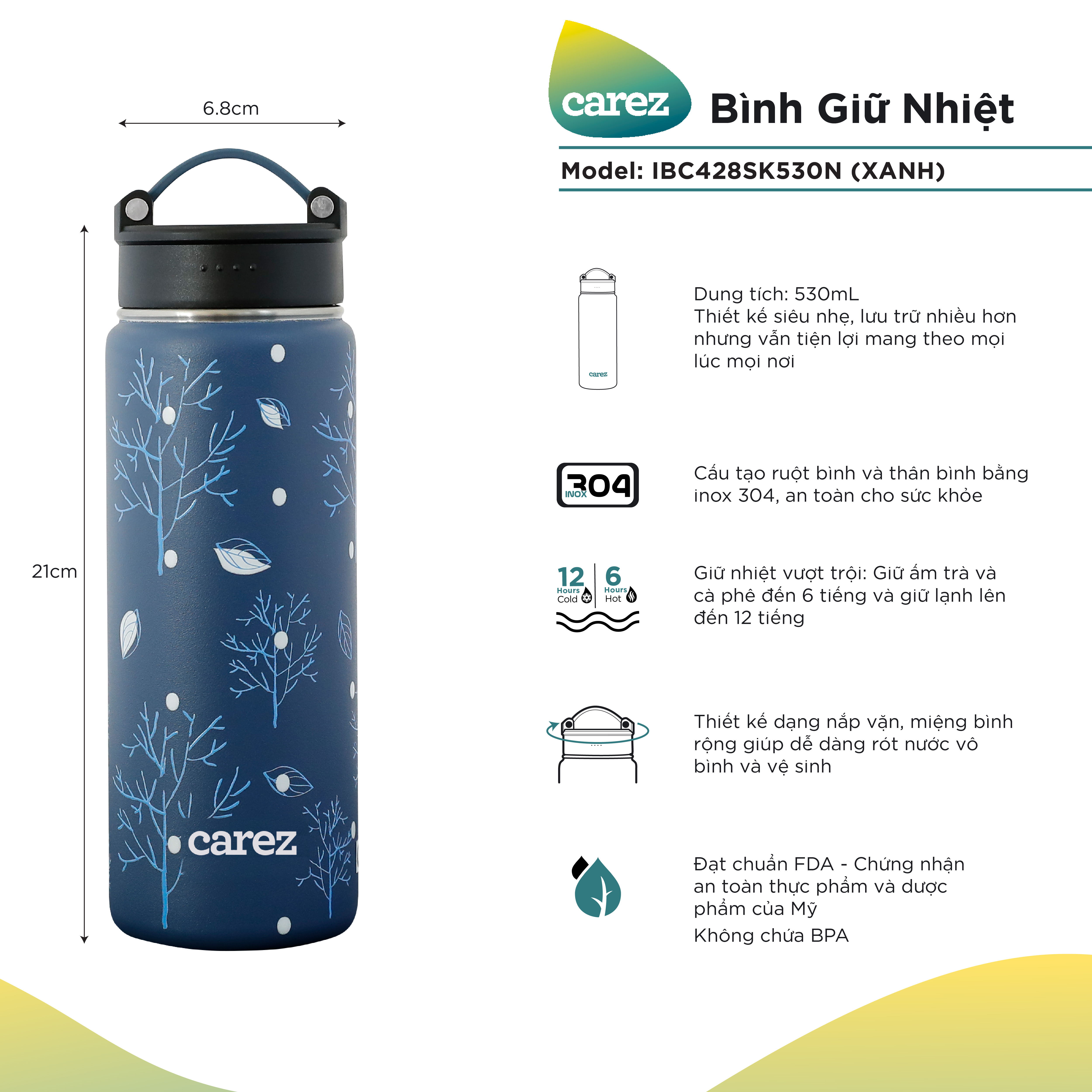 Bình Giữ Nhiệt Carez IBC428SK530N - 530ml, Inox 304, Không chứa BPA - Giữ nóng đến 6 tiếng, giữ lạnh đến 12 tiếng - Hàng chính hãng