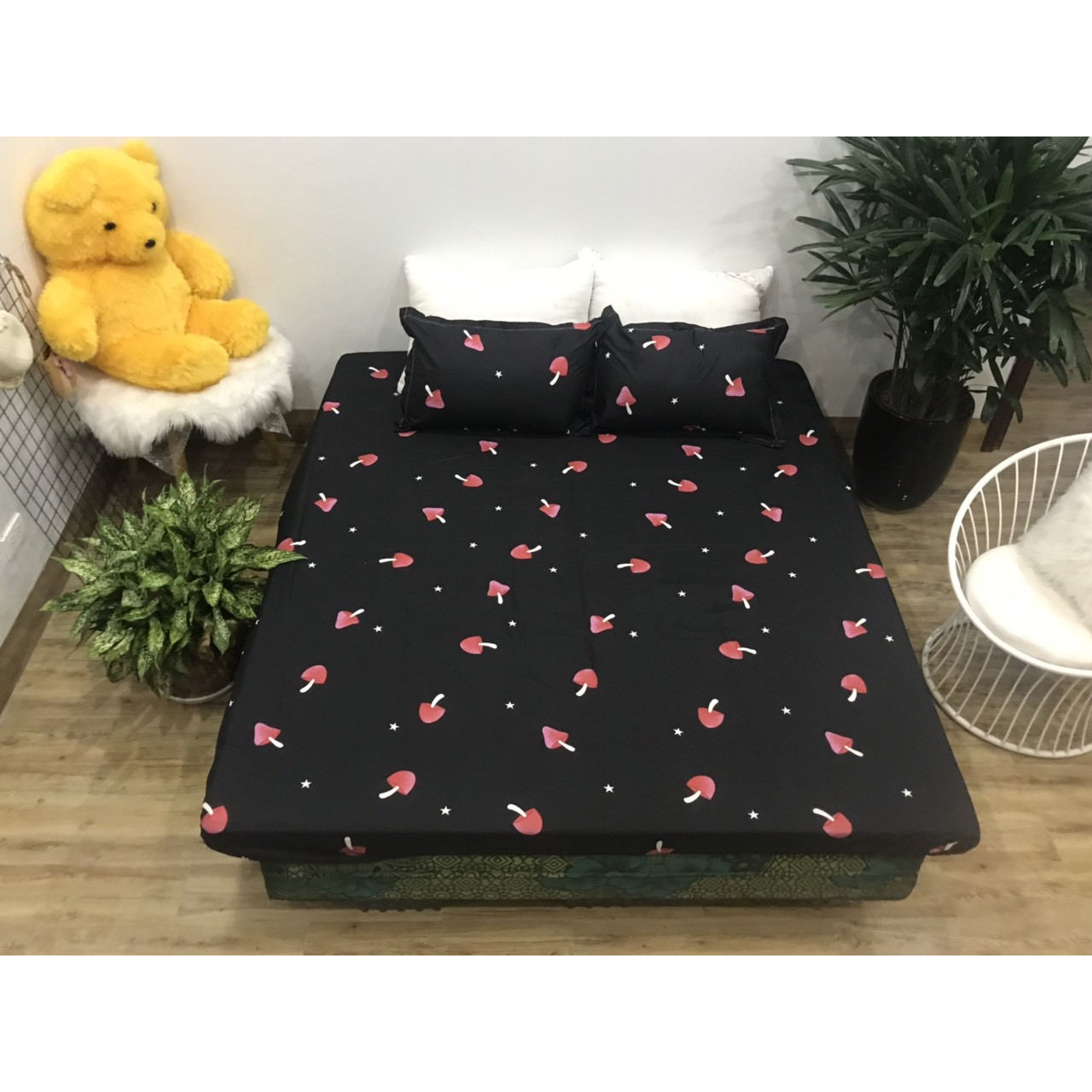 bộ ga gối Coton poly Dulcett mẫu Nấm cute ( gồm 1 ga và 2 vỏ gối) mã P5