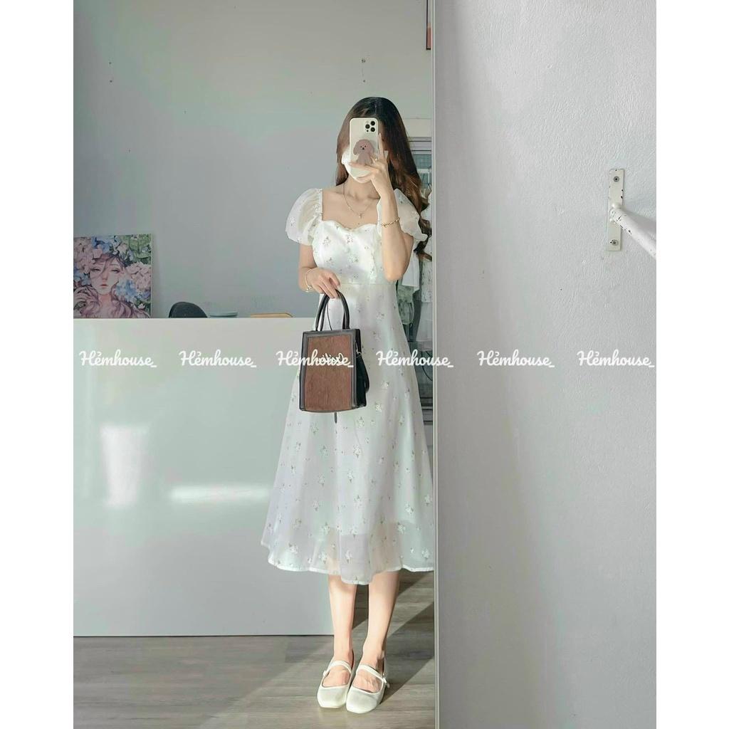 Đầm trắng hoa nhí nút bọc tay voan cổ vuông dáng xòe dự tiệc mẫu thảo nhi shop
