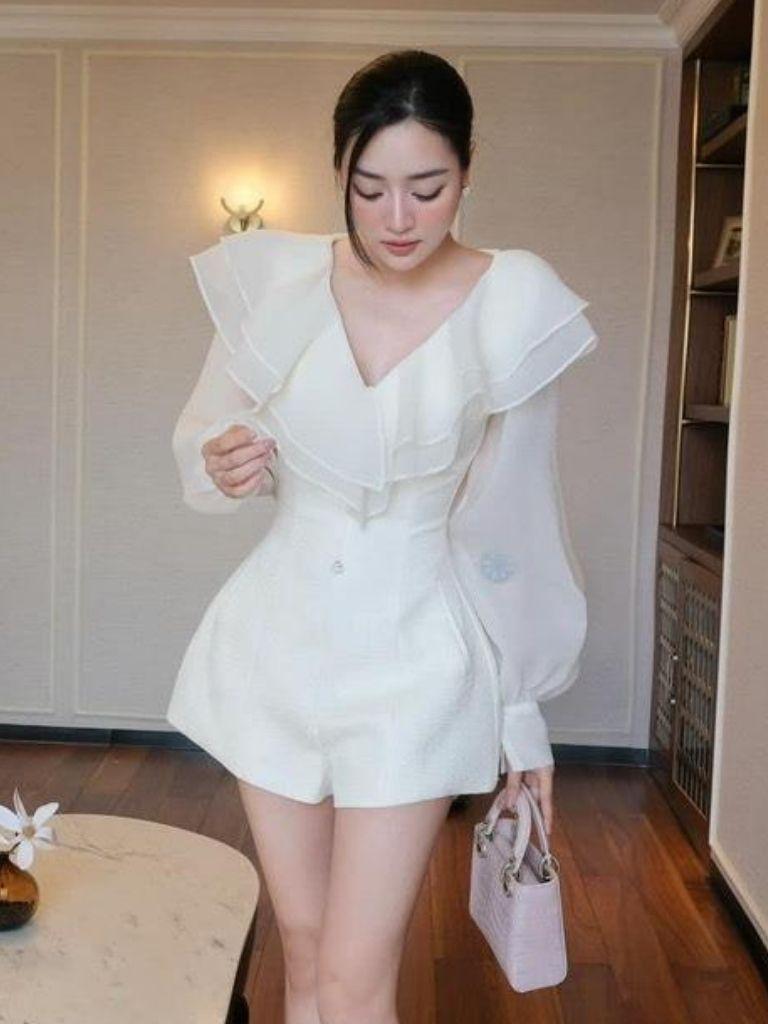 Jum nữ thiết kế dự tiệc cổ V phối tơ sang chảnh Set liền thân đùi dài tay HN Clothing J9 BY JO