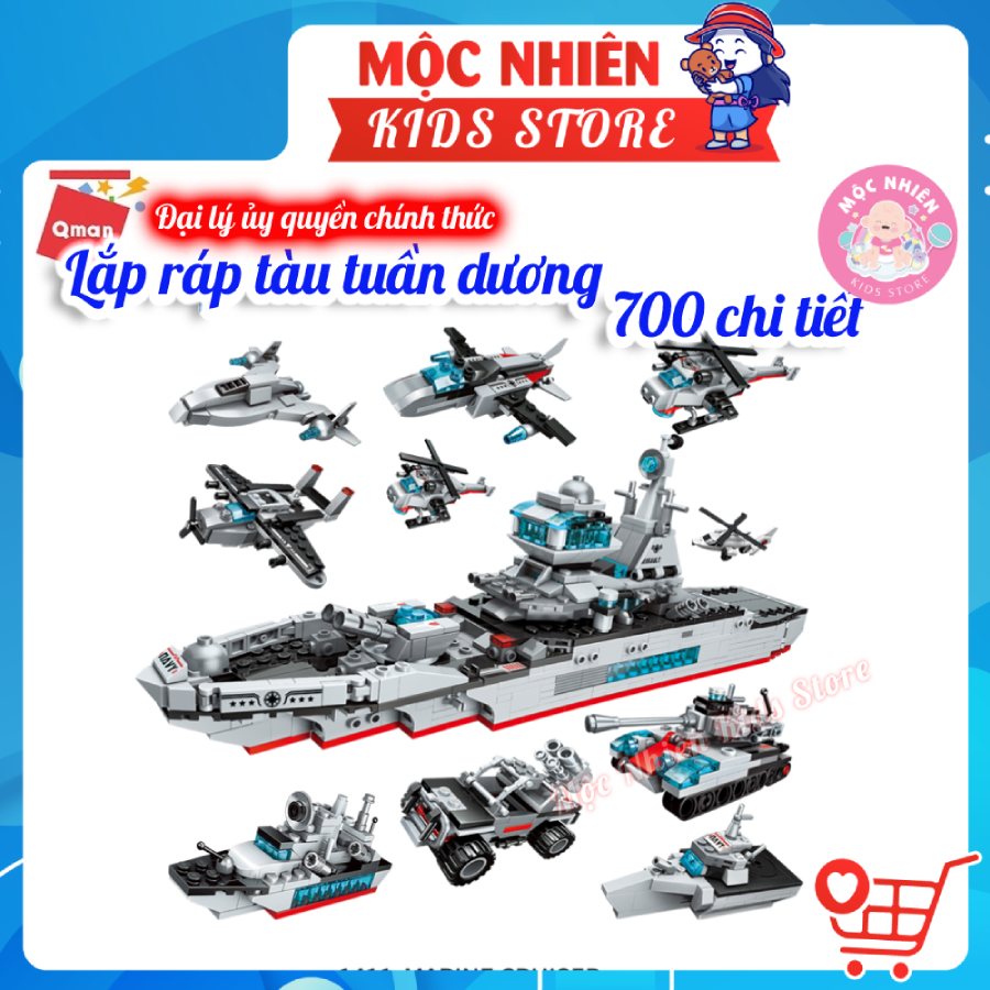 Đồ chơi lắp ráp, xếp hình tàu chiến Qman 1411 cho bé trai - Tàu tuần dương biển (700 mảnh ghép)