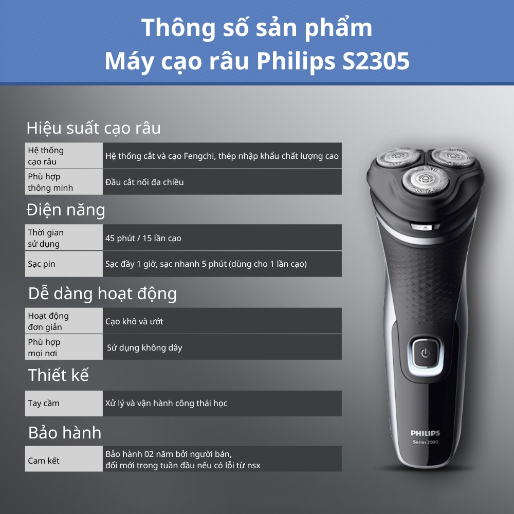 Máy cạo râu điện Philips S2305 cạo khô và ướt tích hợp cạo mai, sạc nhanh 5 phút - Hàng nhập khẩu