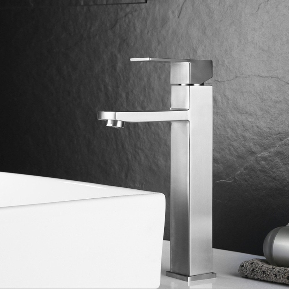 Vòi chậu rửa mặt lavabo nóng lạnh vuông inox 304 KAMA VC17 - tặng kèm bộ dây cấp nước nóng lạnh inox 304 - Hàng chính hãng