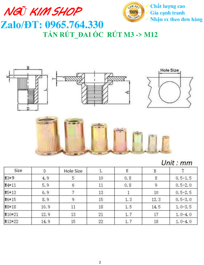 TÁN RÚT_ ĐAI ỐC RÚT M3, M4, M5, M6, M8, M10, M12