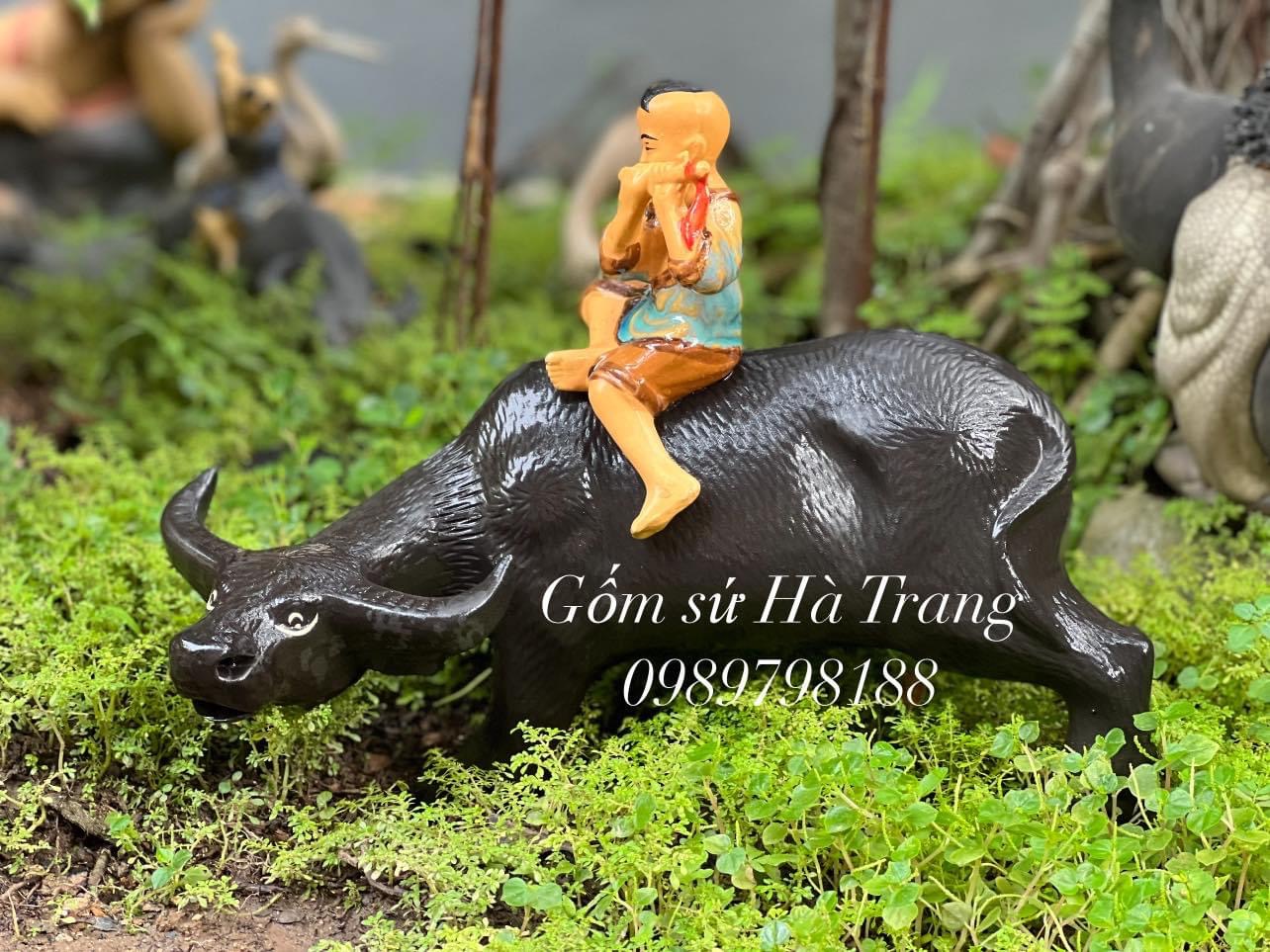 Tượng mục đồng chăn trâu gốm sứ Bát Tràng size 33cm