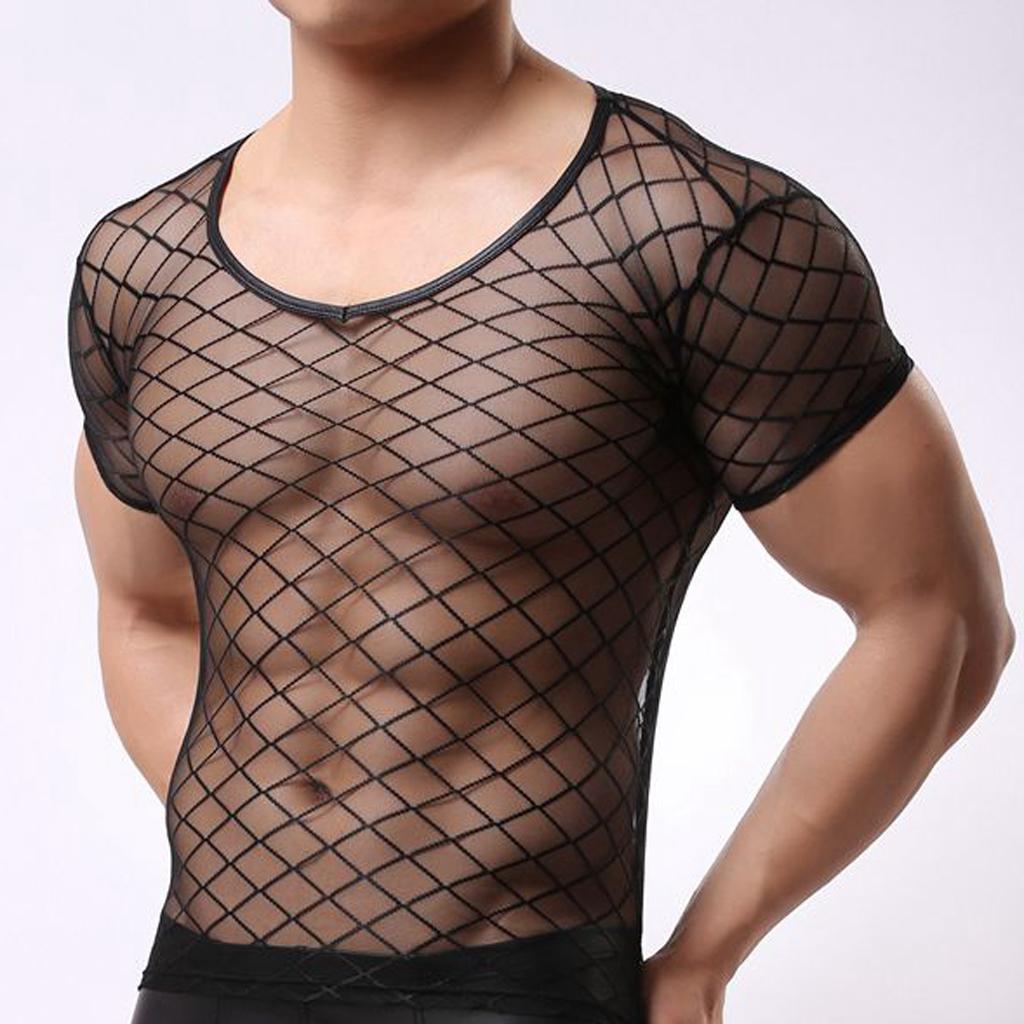 Men's Mesh Brief Sheer O-neck Short Sleeve Mesh T-Shirt Tops Set