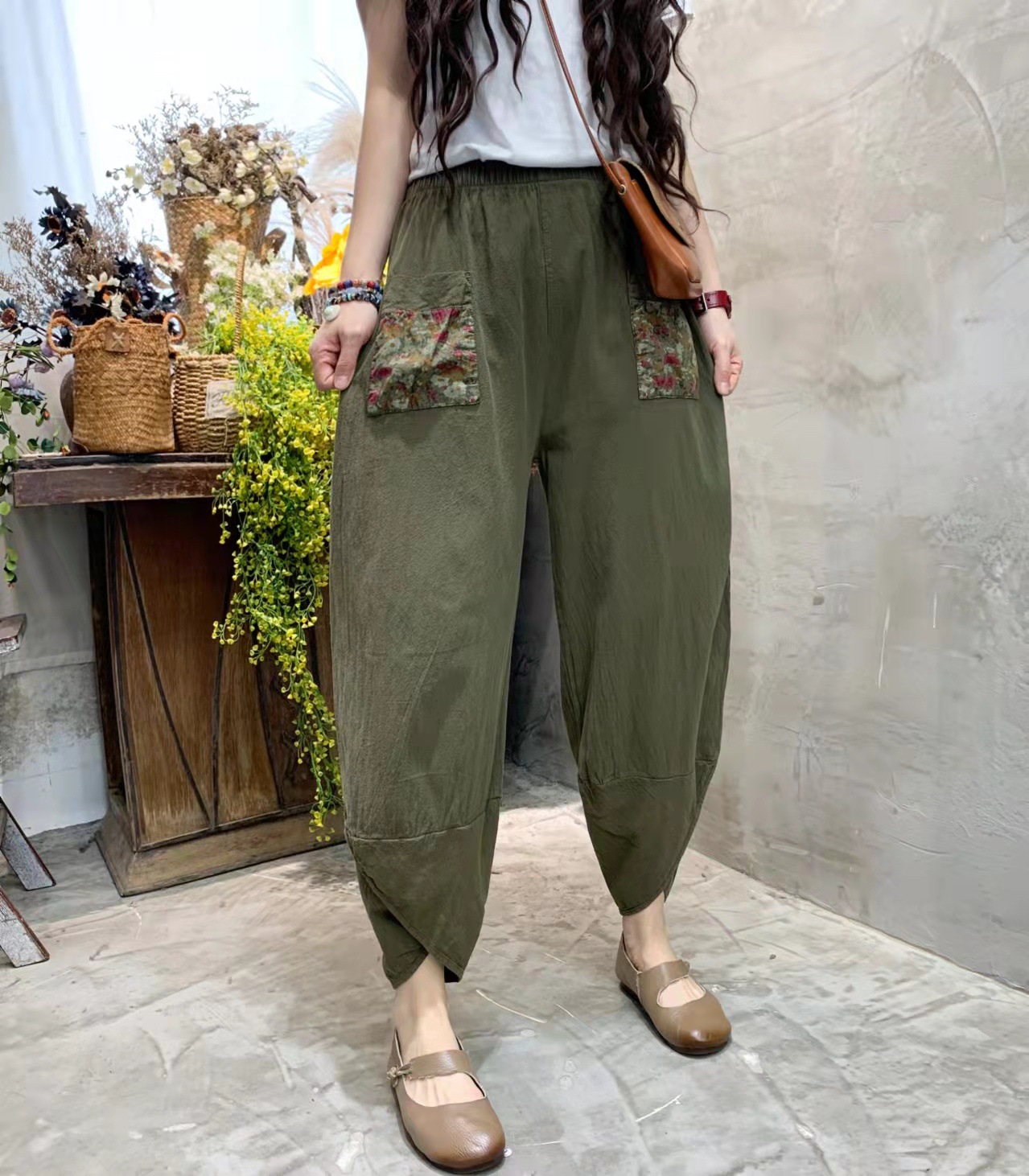 Quần Baggy Nữ Chất Liệu Thô Đũi Mix Họa Tiết
