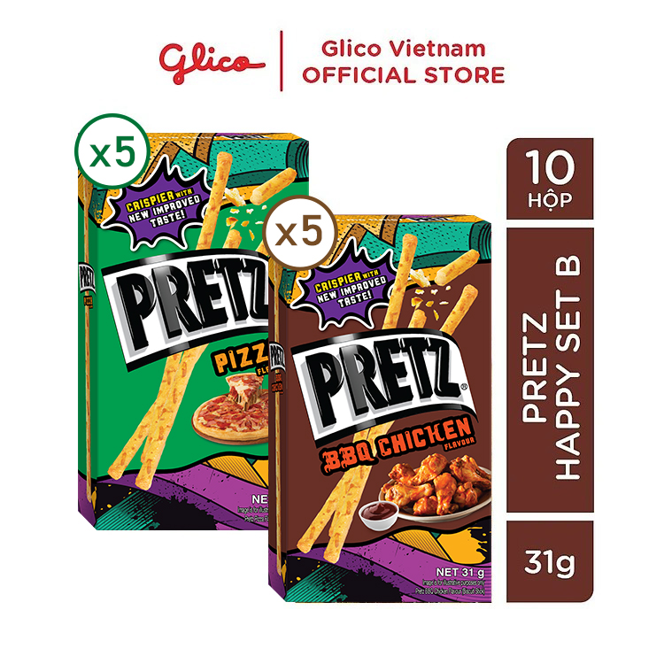 Bánh qua nướng giòn mix 2 vị gà nướng và pizza GLICO Pretz (Combo Happy Set B 10 hộp - 5 BBQ 5 pizza)