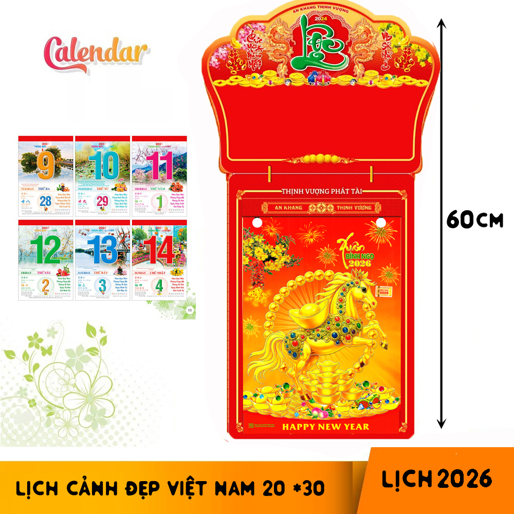 Lịch Bloc Siêu Đại Chúc Mừng Năm Mới Bính Ngọ 2026 kích thước tổng chiều dài 60cm Giấy bóng đẹp có ngày tháng hoàng đạo tham khảo - Hàng Chất Lượng