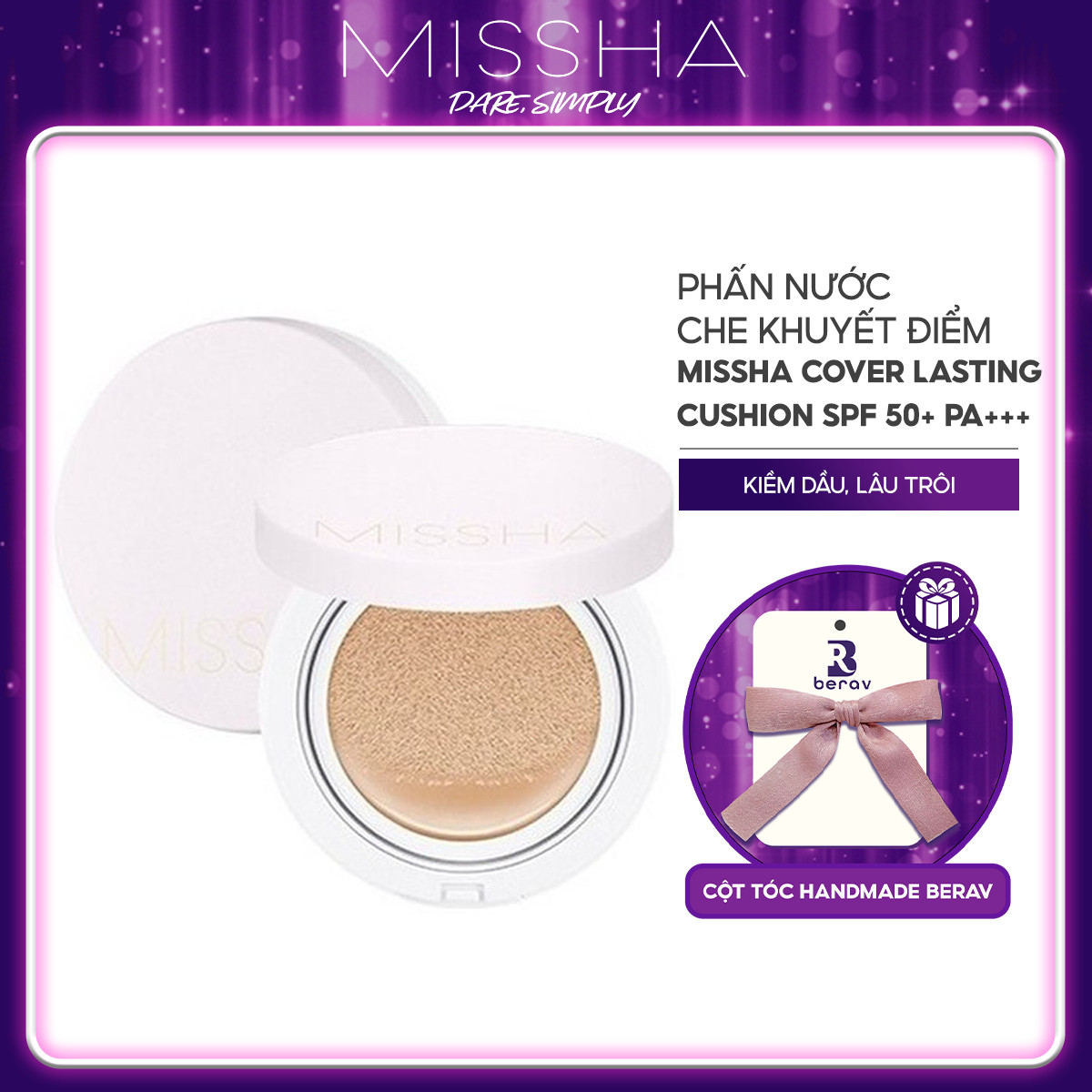 Phấn Nước Che Khuyết Điểm, Kiềm Dầu, Lâu Trôi Missha Magic Cushion Cover Lasting SPF50+/PA+++ 15g ( hồng nhạt ) - Tặng Kèm Cột Tóc Nơ BERAV Handmade Annie Ribbon Giao Màu Ngẫu Nhiên