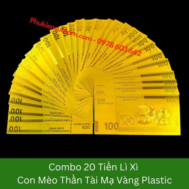 Combo 20 Tờ Lì Xì Con Mèo Thần Tài Mạ Vàng Plastic, kích thước: 15.5cmx7.5cm, màu vàng - SP005906