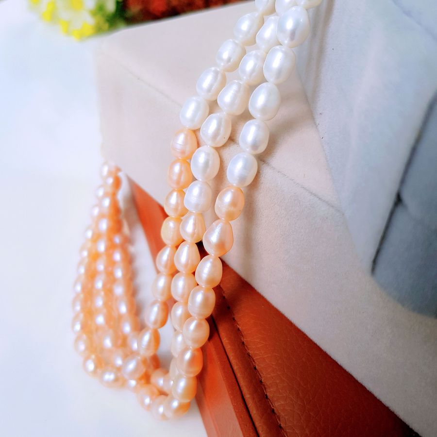 Vòng Cổ Ngọc Trai Nước Ngọt Thiên Nhiên Cao Cấp - Chuỗi 3 Hàng Xoài - Trang Sức Cô Tấm - VIGO PEARL - Trắng Cam - CTJ4111
