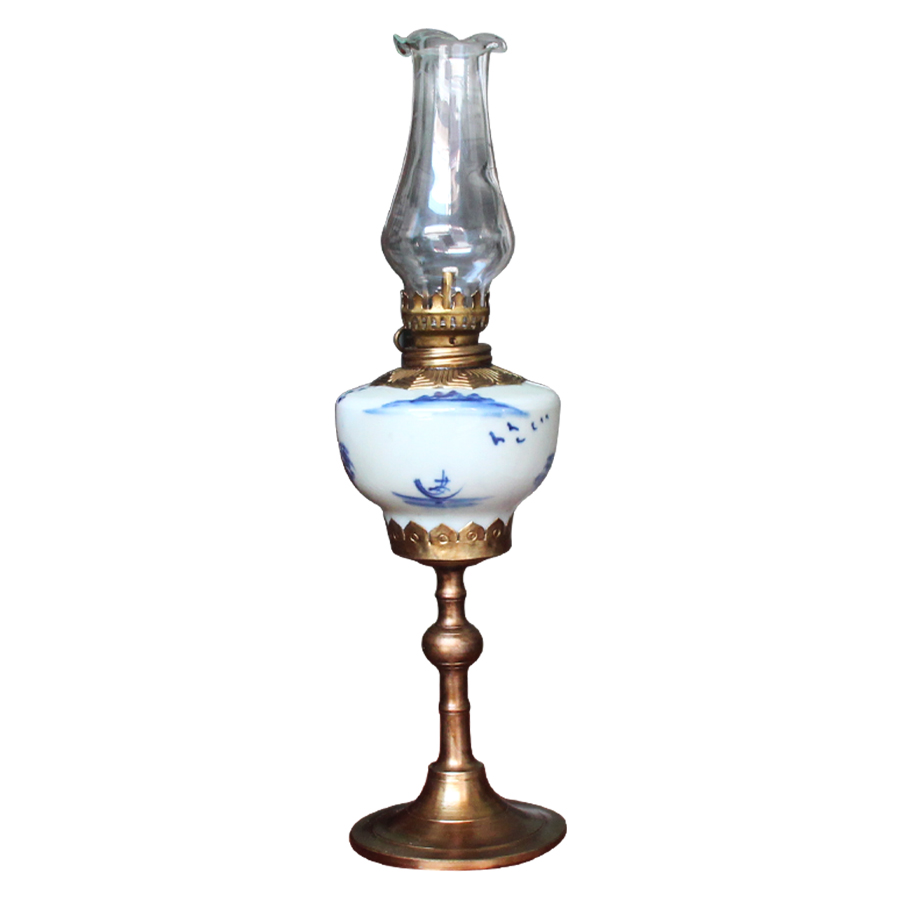 Đèn thờ dầu men lam vẽ Sơn Thủy dáng vát chân đồng gốm sứ Bát Tràng (đèn dầu, đèn thờ cúng)