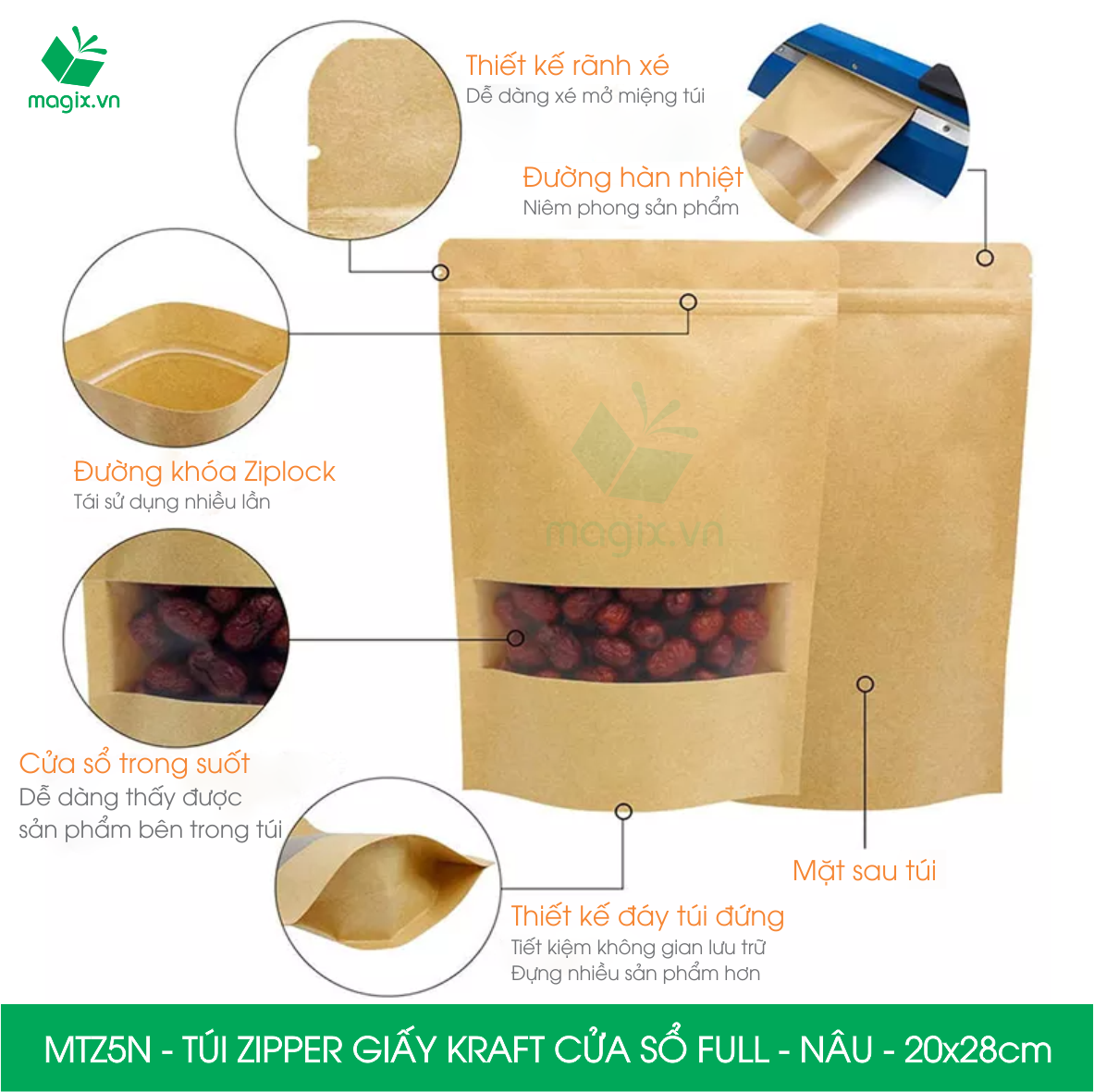 MTZ5N - 20x28cm - Combo 50 Túi Zipper giấy Kraft Nâu đáy đứng có cửa sổ