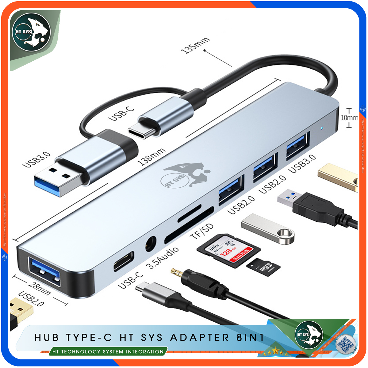 Hub USB 3.0 Và Hub Type C HT SYS Adapter 8in1 - Cổng Chia USB Mở Rộng Kết Nối Tốc Độ Cao Dành Cho Macbook, Laptop, PC - Hub Chuyển Đổi USB Type-C Hỗ Trợ Sạc Pin, Kết Nối Đa Năng ổ Cứng, Bàn Phím, Chuột, Máy In, Ổ Chia USB - Hàng Chính Hãng