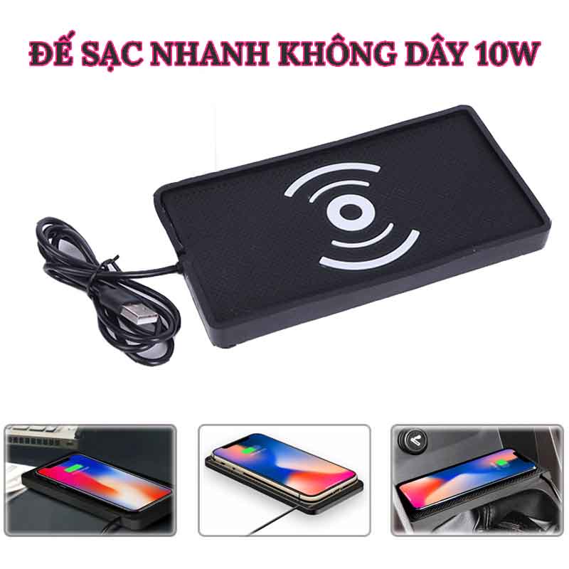 Đế sạc điện thoại không dây sạc nhanh Qi 10W có đệm chống sốc dùng trong xe hơi văn phòng, phụ kiện ô tô