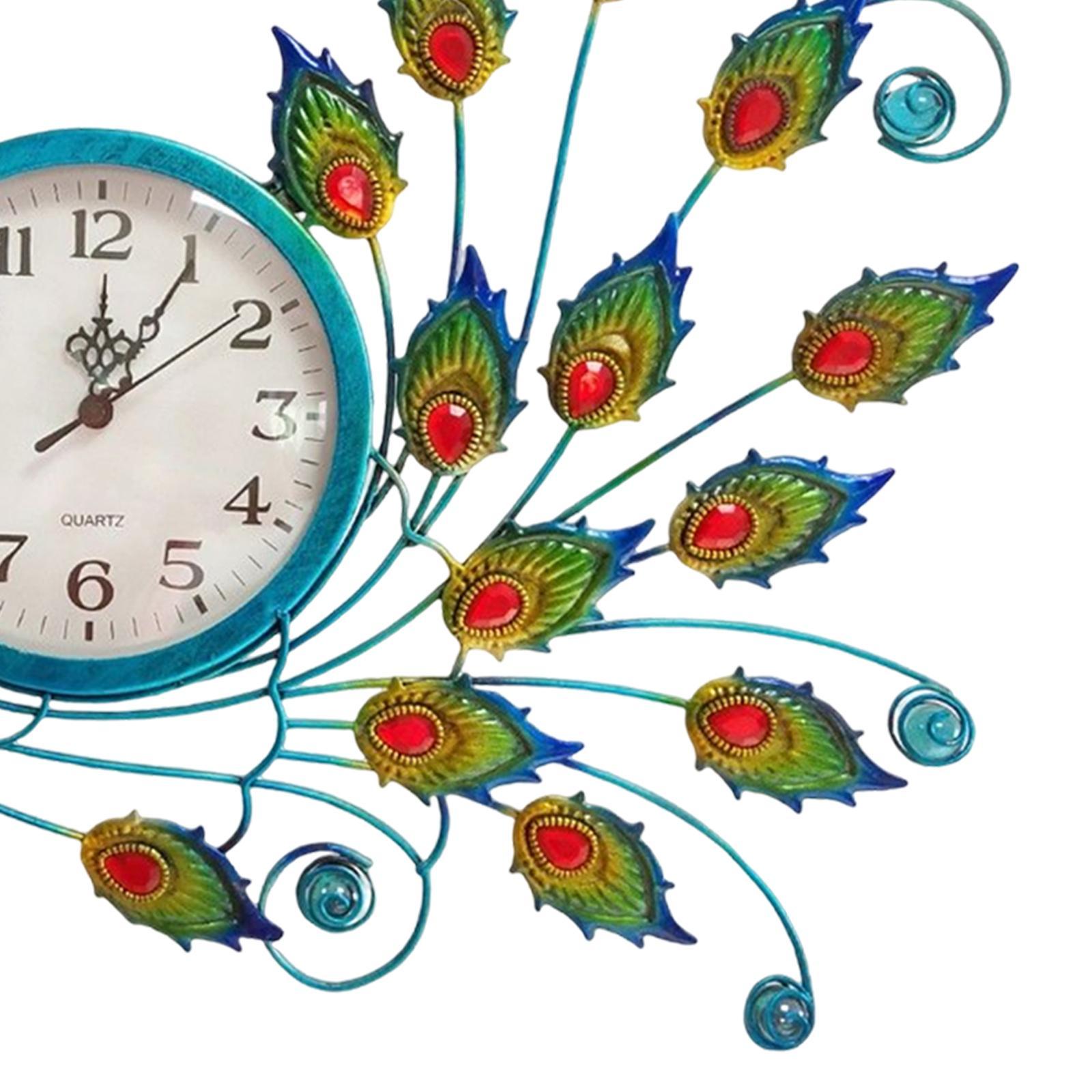 Metal Peacock Wall Clock Sculpture Mute Hanging Art Decoration for Home