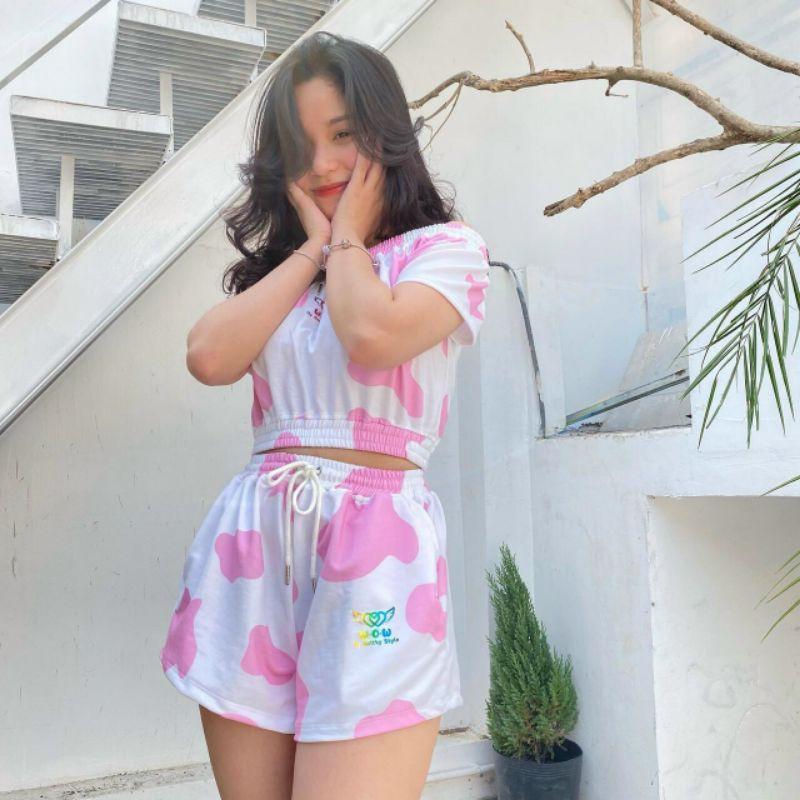 Đồ bộ bò sữa 3 màu trễ vai siêu cute