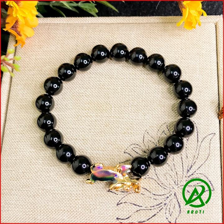 Vòng Phong Thủy Mệnh Thủy_ Mộc - Vòng Tay Nam Nữ Mã Não Đen Mix Long Quy Vàng Đổi Màu Độc Lạ 8mm V374-8