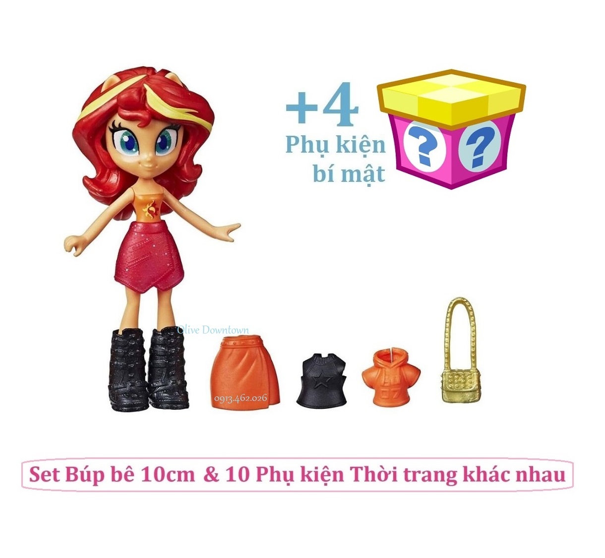 Set Búp bê 10cm kèm 10 món Phụ kiện Thời trang khác nhau - Nhân vật Sunset Shimmer tóc đỏ