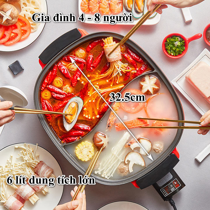 Nồi lẩu điện 2 ngăn đa năng Liven DHG-600BY dung tích 6 lít Hàng Chính Hãng