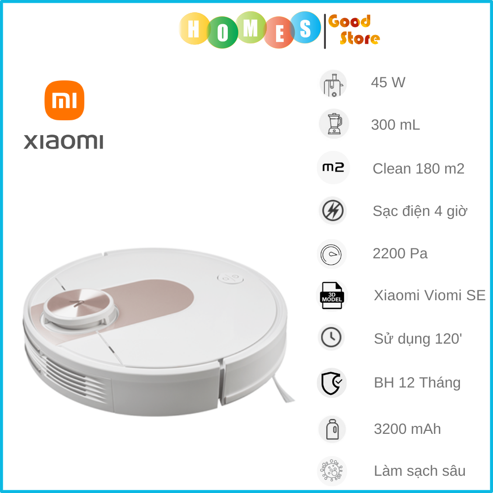 Robot Hút Bụi Lau Nhà XIAOMI Viomi SE Làm Sạch Sâu, Diện Tích Làm Việc 120-150 m2, Cảm Biến Chống Rơi Rớt, Lưu Bản Đồ 5 Tầng, Lực Hút 2200 Pa - Hàng Chính Hãng