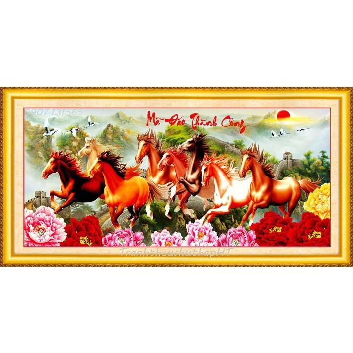 TRANH ĐÍNH ĐÁ 8 con ngựa Mã Đáo Thành Công Hoa Mẫu Đơn VS019  Chưa đính