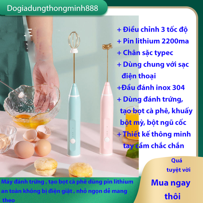 Máy đáng trứng cầm tay mini 3 tốc độ thông minh dùng pin lithium 2200ma rất tiện lợi và an toàn về điện.