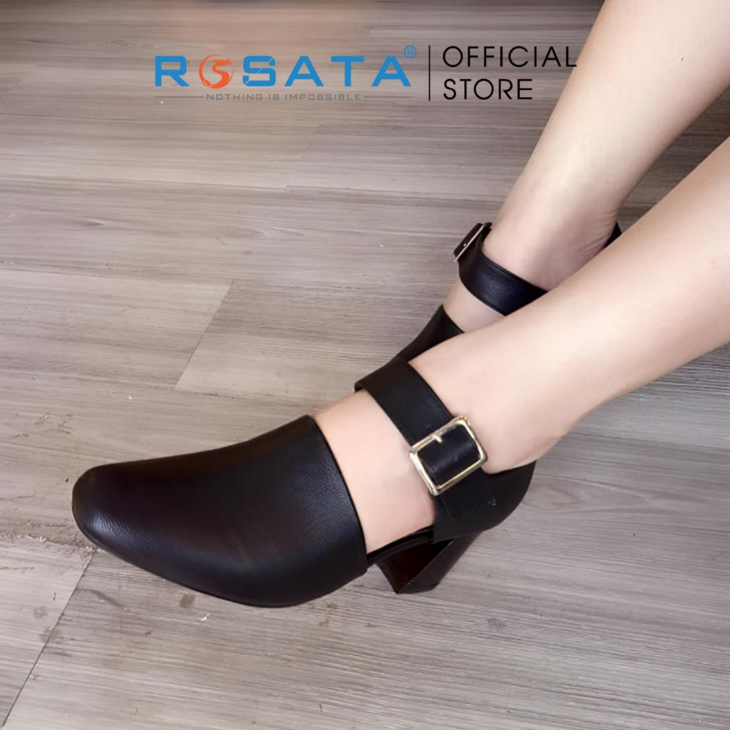 Giày boot ROSATA RO224 bốt nữ cổ thấp mũi nhọn quai cài khóa ngang dây to gót cao 7cm màu đen xuất xứ Việt Nam - Đen