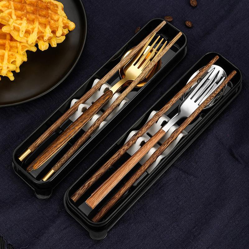 Chén Ăn Di Động Tay Cầm Bằng Gỗ Chén Ăn Inox Ống Đựng Đũa Muỗng Đũa Tập Ăn Du Lịch Dao Kéo Bàn Ăn Có Hộp