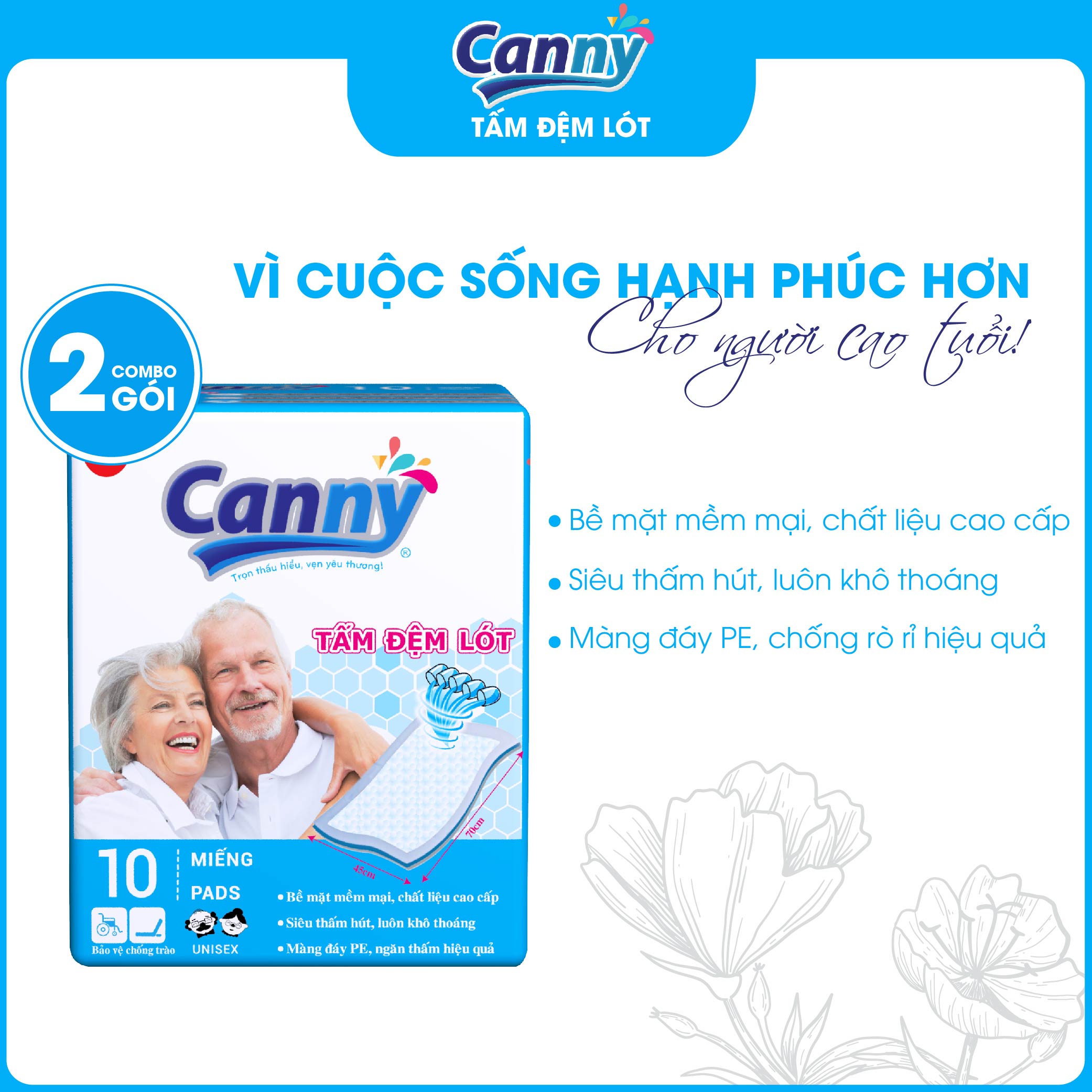 Combo 2 gói Tấm Đệm Lót Người Lớn Canny Siêu Mềm Mại, Siêu Thấm, Kháng Khuẩn (10 miếng)