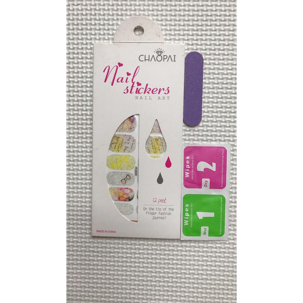 Lô 12 sticker móng tay nail art hoa văn chữ xinh- quà tặng kèm 1 giũa mini và 2 khăn khô vô trùng