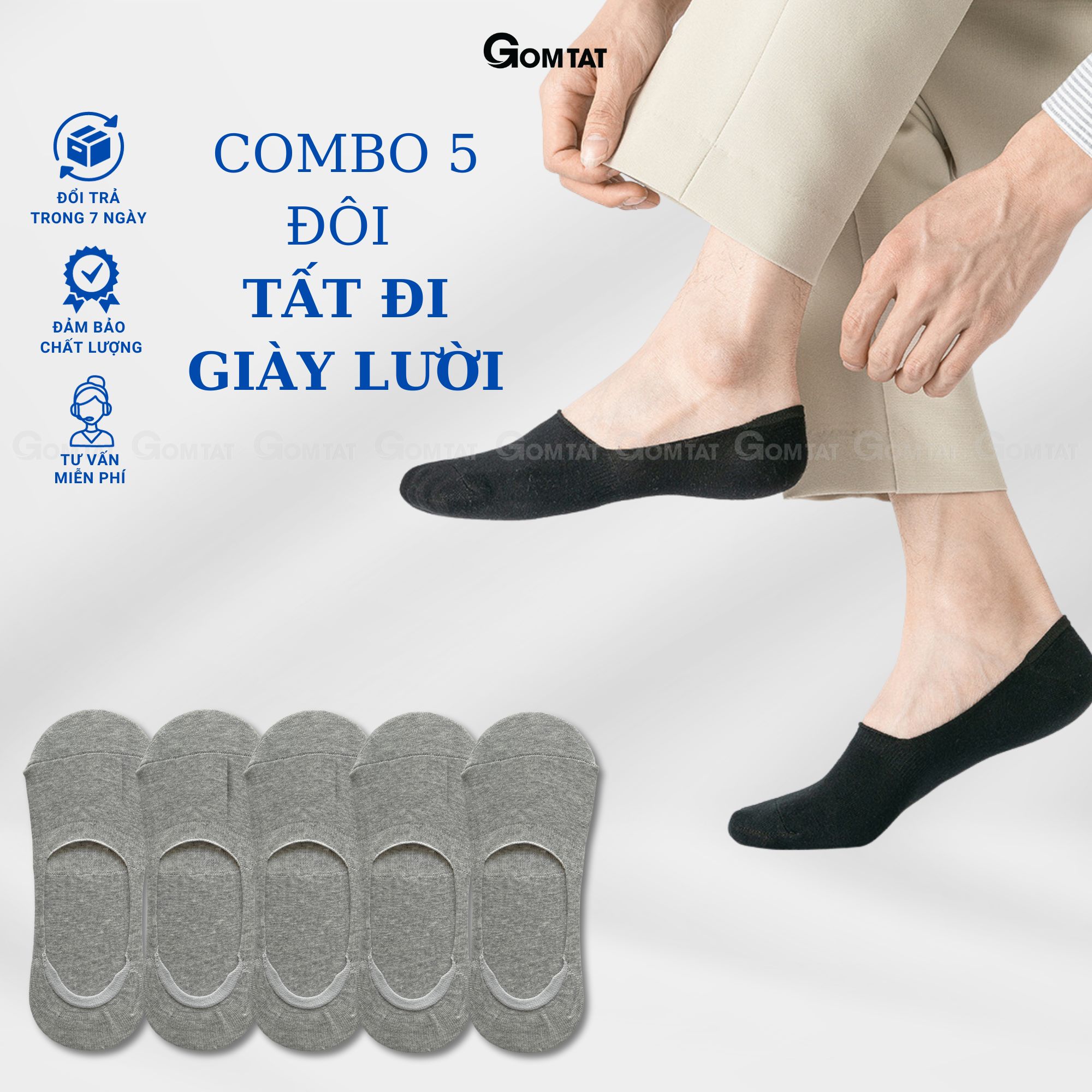 Set 5 Đôi Vớ Lười Nam , Tất Nam đi giày lười có đệm cao su chống trượt gót chân - GOMTAT-LUOI02-CB5