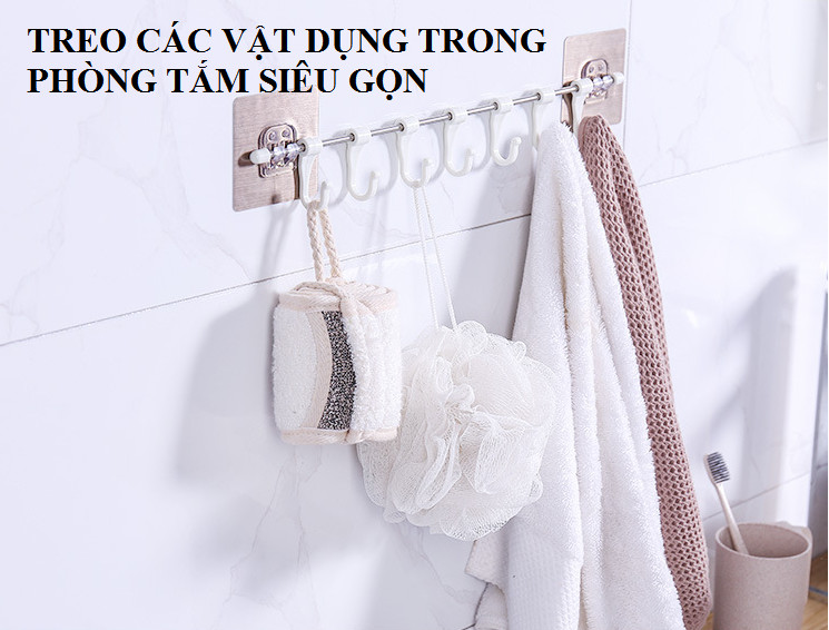 Thanh Móc Treo Đồ 6 Móc Siêu Dính Dán Tường Nhà Tắm, Nhà Bếp, Tủ Quần Áo - Keo Dán siêu Chắc Chắc - Hàng Chính Hãng MINIIN