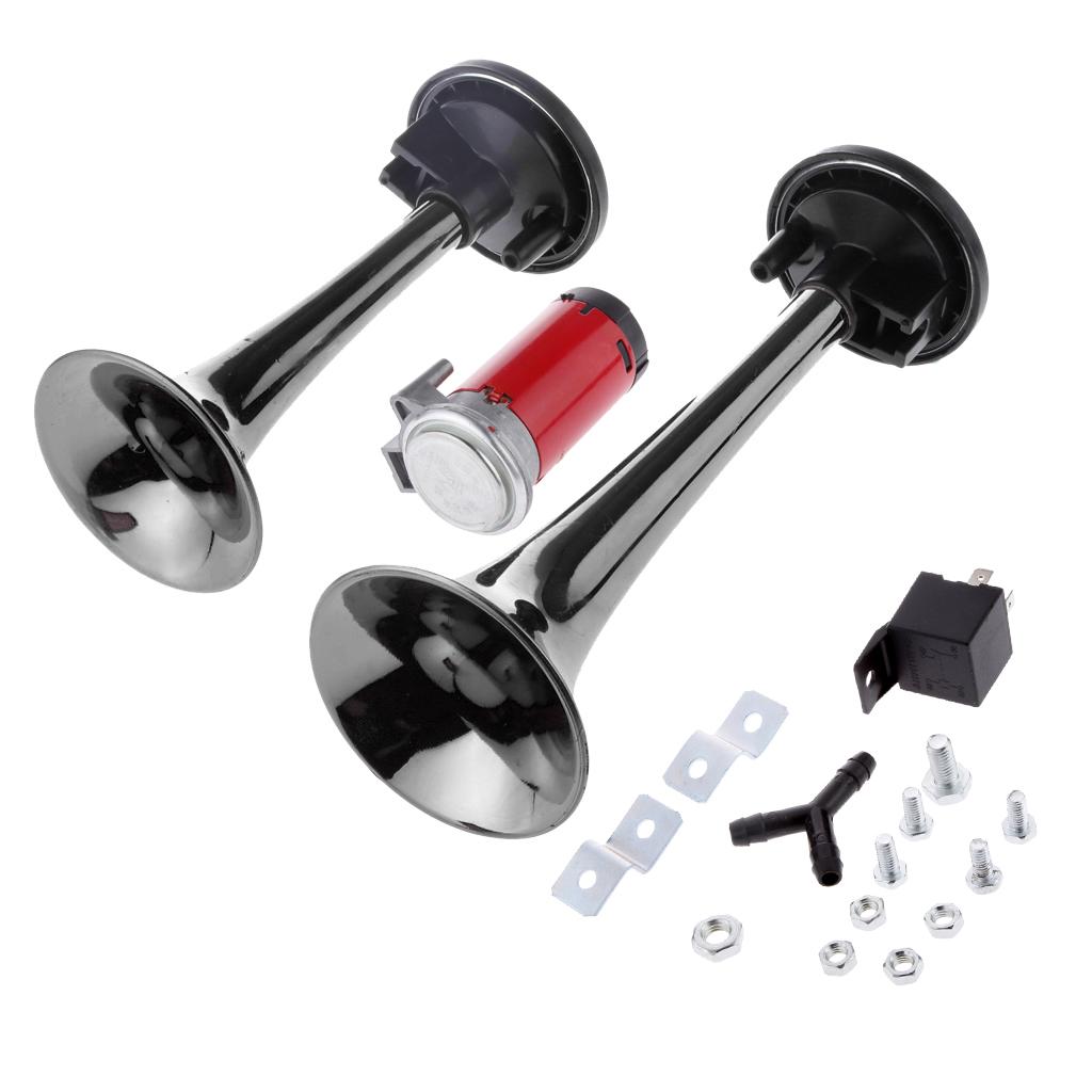 12V 110db Black Car Motorcycle Air  Train Kit Dual Trumpet  Loud