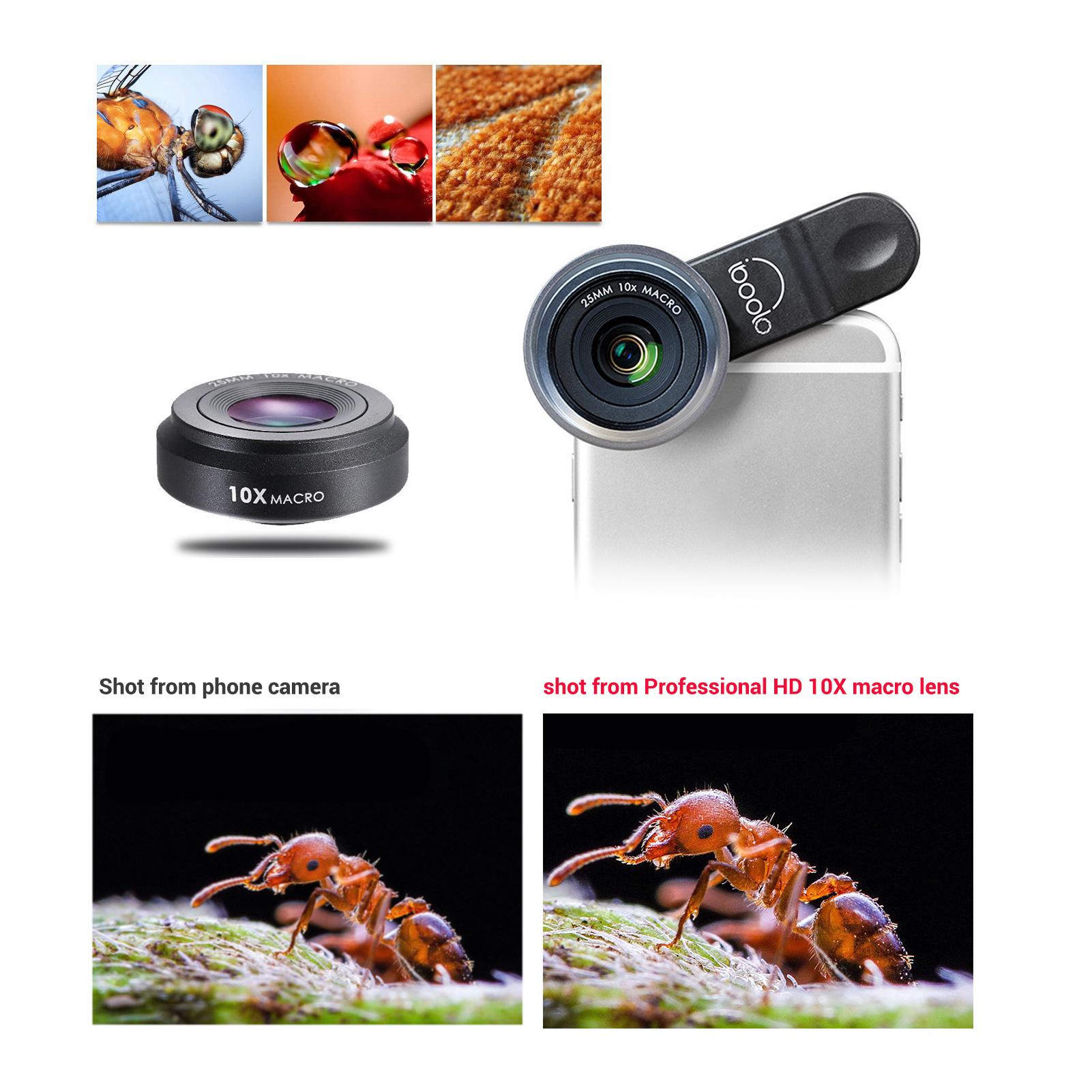Ống kính macro chuyên nghiệp HD 25mm 10X tương thích với hầu hết các điện thoại thông minh