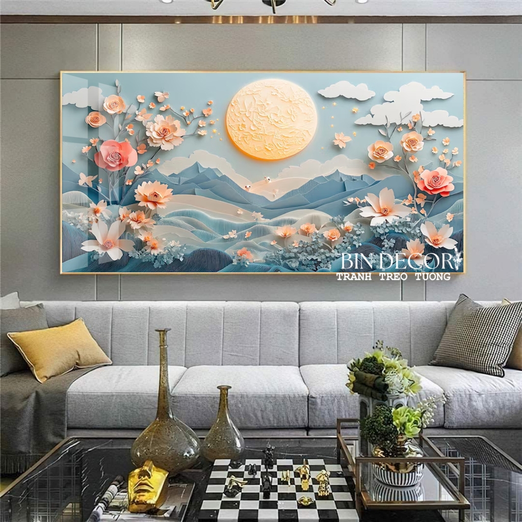 (HCM) Tranh treo tường tráng gương hoa dưới ánh trăng trang trí decor phòng khách kèm đinh treo
