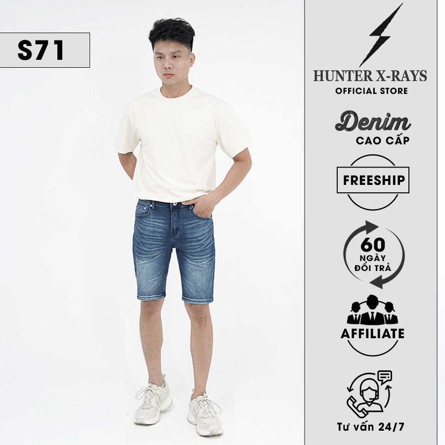 Quần Short Jeans Nam Cao Cấp HUNTER X-RAYS Form Slimfit Thun Màu Xanh S71