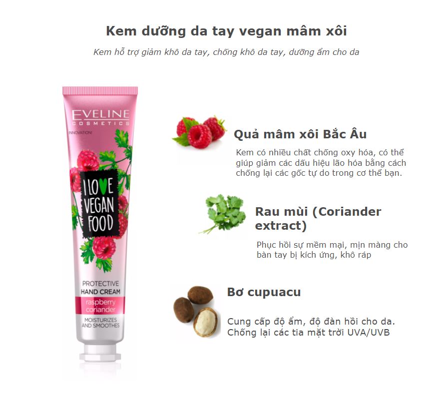 Kem dưỡng da tay I Love Vegan Food hương mâm xôi Eveline - Tuýp 50ml