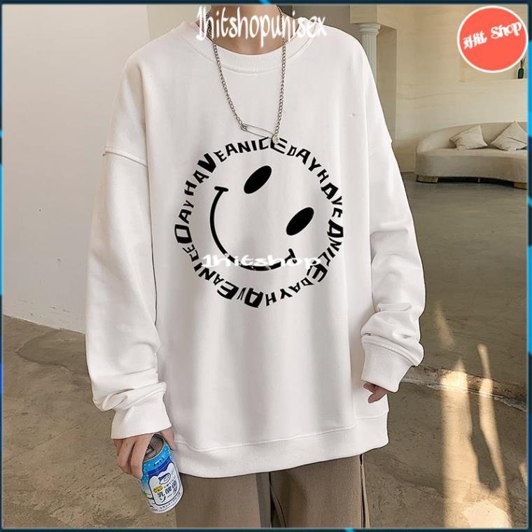 Áo Sweater nam nữ 1HITSHOP Áo nỉ cổ tròn forrm rộng overseze in hình mặt cười nghiêng nỉ cotton dày ấm 2 màu đen trắng