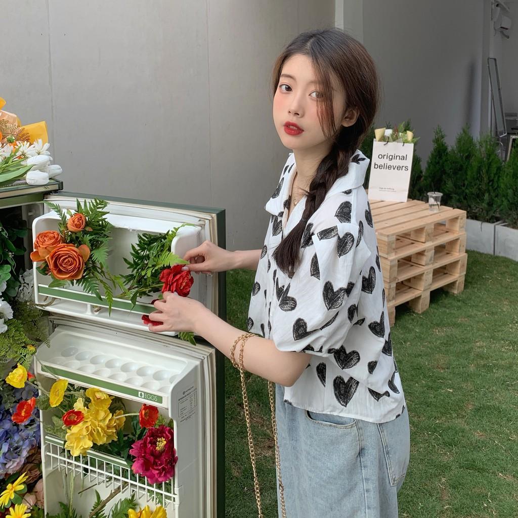 Áo sơ mi, áo kiểu nữ tay ngắn cổ búp bê phong cách Hàn Quốc