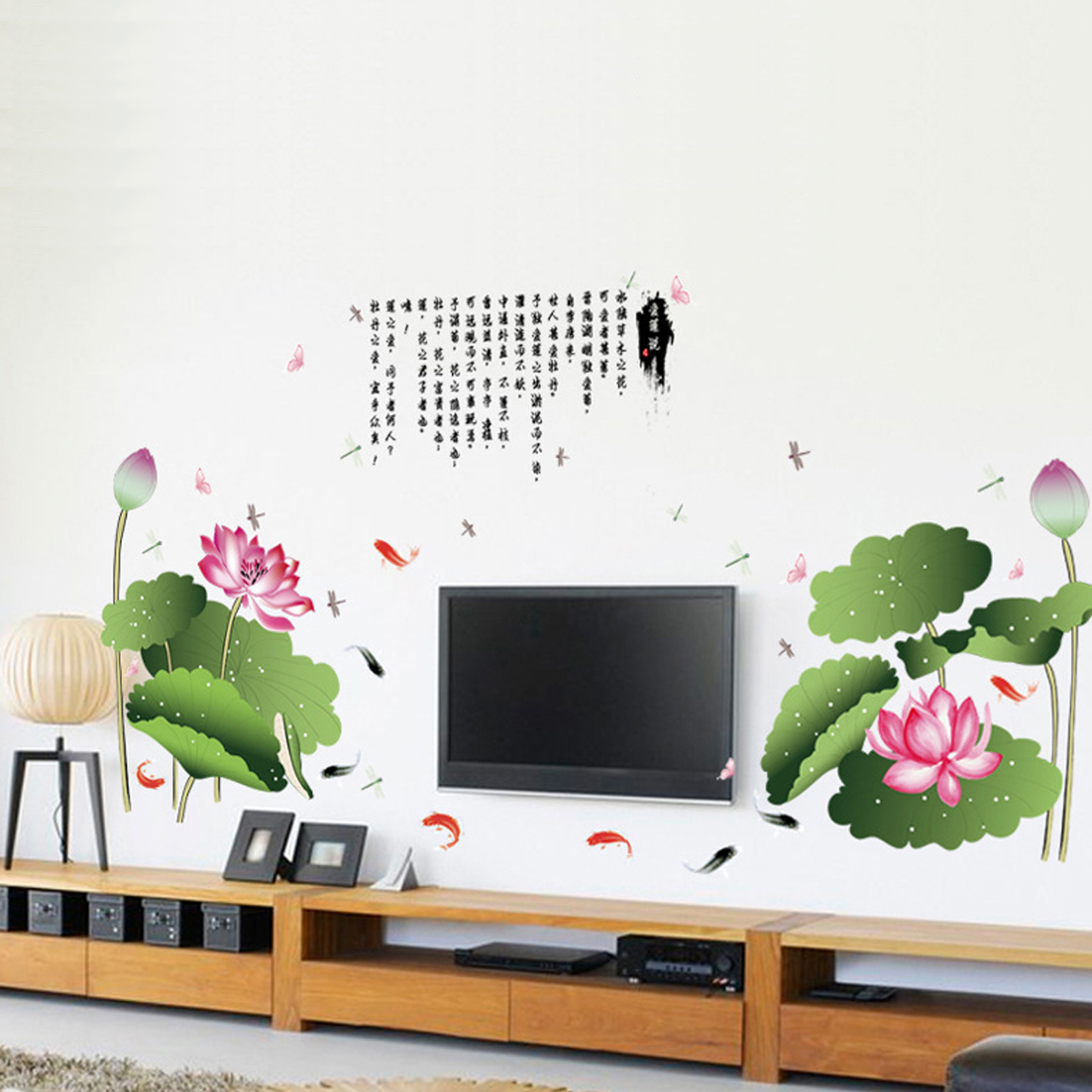 Decal dán tường hoa sen hồng tán lá xanh 2 mảnh sk2015